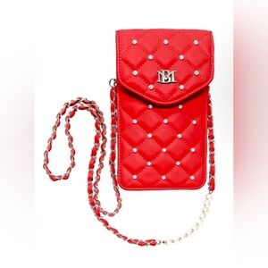 NWT Badgley Mischka Red Phone Case w/Diamond Quilting & Pearls. Also Crossbody
